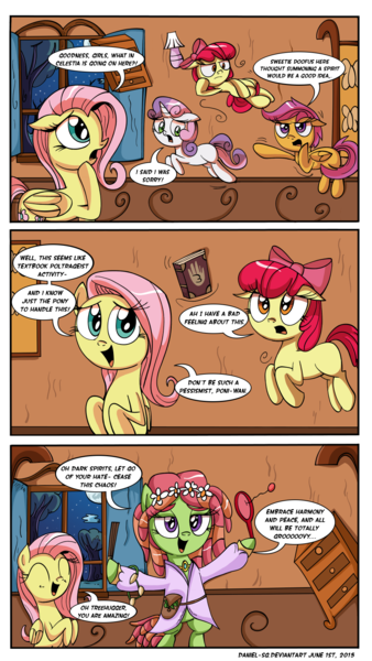 Size: 1000x1776 | Tagged: apple bloom, artist:daniel-sg, comic, cutie mark crusaders, derpibooru import, floating, fluttershy, gravity falls, hippie, journal, journal #3, medium, paddleball, poltergeist, safe, scootaloo, seance, star wars, sweetie belle, tree hugger