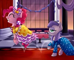 Size: 3000x2409 | Tagged: safe, artist:discorded, derpibooru import, maud pie, pinkie pie, make new friends but keep discord, clothes, dress, gala, gala dress, happy, pronking