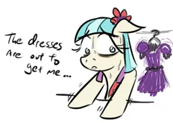 Size: 464x328 | Tagged: artist:jargon scott, breakdown, clothes, coco pommel, derpibooru import, dialogue, dress, floppy ears, nervous, paranoia, safe, solo, sweat