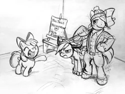 Size: 600x450 | Tagged: safe, artist:zene, derpibooru import, apple bloom, big macintosh, rainbow dash, earth pony, pony, axe, male, monochrome, paul bunyan, sketch, stallion, traditional art