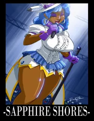 Size: 1562x2014 | Tagged: artist:shonuff44, big breasts, breasts, busty sapphire shores, clothes, curvy, dark skin, derpibooru import, female, human, humanized, microphone, sapphire shores, singing, skirt, solo, spelling correction, suggestive, thunder thighs, wide hips