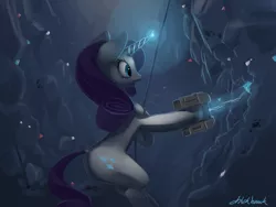 Size: 1024x768 | Tagged: safe, artist:chickhawk96, derpibooru import, rarity, pony, unicorn, cave, dock, female, gem, glowing horn, magic, mare, matter manipulator, open mouth, plot, rappelling, rope, smiling, solo, starbound