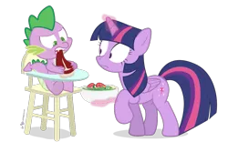 Size: 1000x625 | Tagged: safe, artist:dm29, derpibooru import, spike, twilight sparkle, twilight sparkle (alicorn), alicorn, pony, carnivore, dragons doing dragon things, duo, female, highchair, mare, meat, salad, simple background, spike don't care about meat, steak, transparent background