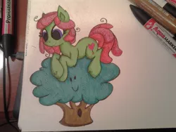 Size: 1024x768 | Tagged: artist:colouredteapot, cute, derpibooru import, filly, huggerbetes, safe, simple background, solo, traditional art, tree, tree hugger