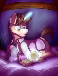 Size: 1544x2015 | Tagged: safe, artist:dripponi, artist:lattynskit, derpibooru import, oc, oc:tic, unofficial characters only, pony, unicorn, bed, book, reading