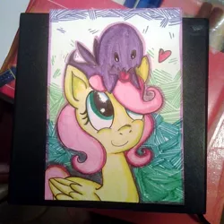 Size: 604x604 | Tagged: artist:colouredteapot, carbot, crossover, derpibooru import, fluttershy, heart, :p, postcard, safe, solo, starcraft 2, starcrafts, traditional art, zergling