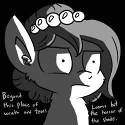 Size: 720x720 | Tagged: safe, artist:tjpones, derpibooru import, oc, oc:brownie bun, unofficial characters only, earth pony, pony, horse wife, black and white, bust, cropped, dialogue, ear fluff, female, grayscale, invictus, mare, monochrome, single panel, solo, william ernest henley