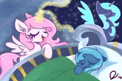 Size: 4200x2800 | Tagged: artist:dreamscapevalley, bed, cewestia, cute, cutelestia, derpibooru import, ear fluff, eyes closed, filly, lullaby, lullaby for a princess, lunabetes, magic, princess celestia, princess luna, royal sisters, safe, singing, sleeping, sweet dreams fuel, woona, younger