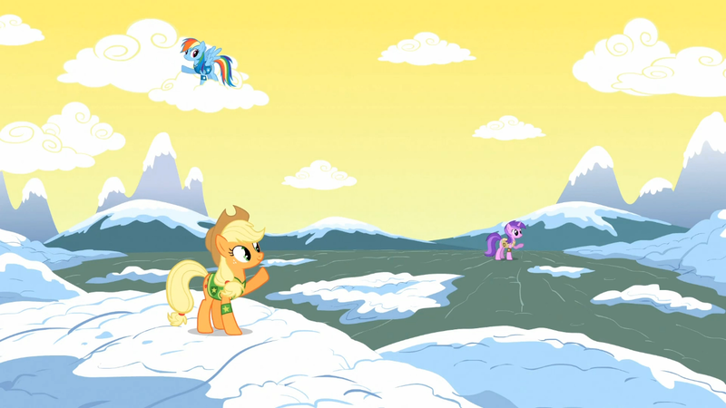 Size: 1366x768 | Tagged: safe, derpibooru import, screencap, amethyst star, applejack, rainbow dash, earth pony, pegasus, pony, unicorn, winter wrap up, animal team, background pony, female, mare, plant team, snow, waving, weather team, winter wrap up vest