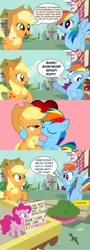 Size: 950x2630 | Tagged: artist needed, safe, derpibooru import, edit, editor:anonymind, applejack, pinkie pie, rainbow dash, season 4, testing testing 1-2-3, appledash, barking, brainwashing, comic, dialogue, female, heart, humor, hypnosis, hypnosis edit, kissing, lesbian, manip, pet play, shipper on deck, shipping, speech bubble, stuttering, subliminal message