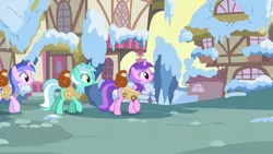 Size: 1366x768 | Tagged: safe, derpibooru import, screencap, amethyst star, lyra heartstrings, sea swirl, seafoam, hedgehog, pony, unicorn, winter wrap up, animal team, background pony, female, mare, ponyville, snow, winter wrap up song, winter wrap up vest