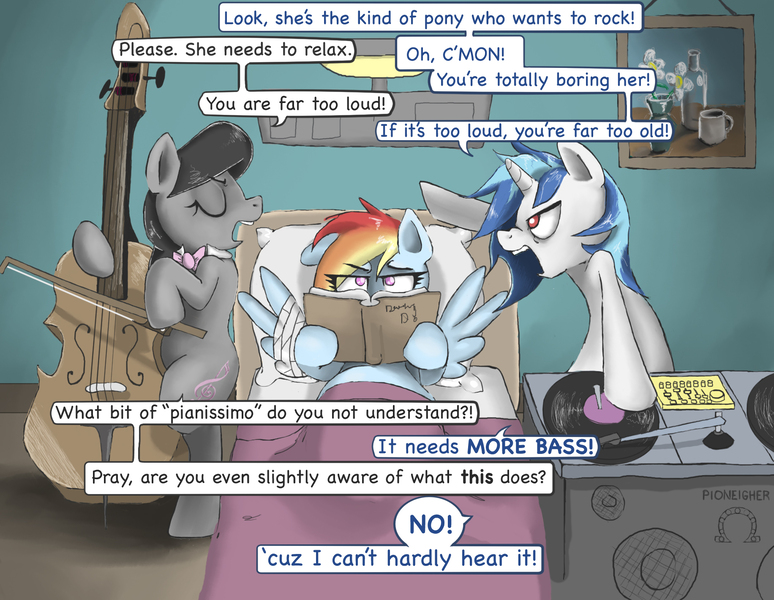 Size: 1832x1421 | Tagged: argument, artist:solarsourced, bandage, cello, derpibooru import, dialogue, hospital, musical instrument, octavia melody, rainbow dash, read it and weep, safe, vinyl scratch