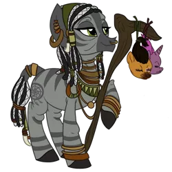 Size: 678x678 | Tagged: artist:floots, dead, decapitated, derpibooru import, elder, elderly, fallout equestria, oc, oc:paintblood, oc:sahara, oc:sweet potato, semi-grimdark, severed head, shaman, shrunken head, solo, unofficial characters only, zebra