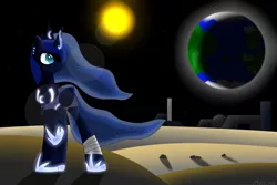 Size: 1800x1200 | Tagged: alternate costumes, artist:mechanized515, derpibooru import, equestria, future, moon, planet, princess luna, safe, solo, space