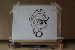Size: 726x484 | Tagged: animated, applejack, artist:pancake-skunk, bashful, cute, derpibooru import, drawing, fluttershy, frame by frame, irl, jackabetes, looking away, monochrome, photo, rarity, safe, shy, smiling, toy, trace, traditional animation, twilight sparkle