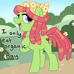 Size: 1584x1584 | Tagged: safe, artist:wingedwolf94, deleted from derpibooru, derpibooru import, tree hugger, earth pony, pony, bush, dialogue, female, flower, huggerbetes, mare, open mouth, solo