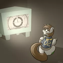 Size: 1280x1280 | Tagged: safe, artist:whitepone, derpibooru import, oc, oc:littlepip, unofficial characters only, pony, unicorn, fallout equestria, fanfic, clothes, fallout, fallout 4, fanfic art, female, mare, please stand by, solo, television, vault suit