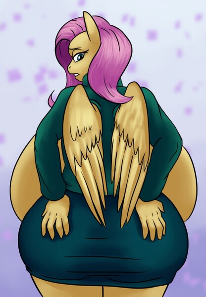 Size: 887x1280 | Tagged: anthro, artist:clock-face, ass, big breasts, blushing, breast expansion, breasts, busty fluttershy, butt expansion, clothes, comic:flutterfwoomp, curvy, derpibooru import, expansion, female, flutterfwoomp, fluttershy, growth, hips, hourglass figure, huge breasts, impossibly large breasts, large butt, looking back, nudity, questionable, ripped shirt, shirt, skirt, solo, solo female, thighs, thunder thighs, torn clothes, wardrobe malfunction, wide hips