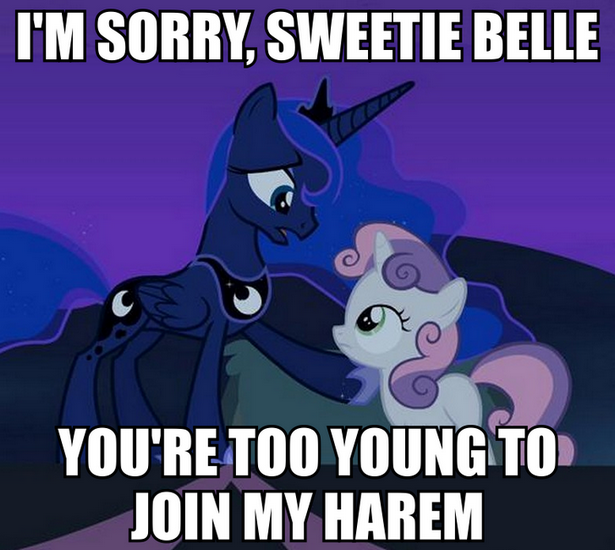 Size: 615x550 | Tagged: caption, derpibooru import, edit, edited screencap, eye contact, frown, harem, image macro, implied foalcon, lunabelle, meme, open mouth, princess luna, screencap, suggestive, sweetie belle