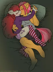 Size: 886x1200 | Tagged: anthro, artist:kaemantis, babs seed, babstwist, bed, clothes, crack shipping, derpibooru import, eyes closed, female, holding hands, hoof feet, kissing, lesbian, making out, older, panties, pillow, ring, shipping, shorts, socks, striped socks, suggestive, twist, underwear, unguligrade anthro