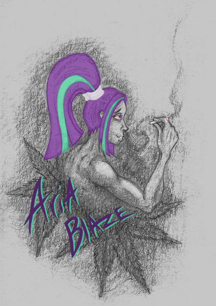 Size: 862x1221 | Tagged: questionable, artist:madness-with-reason, derpibooru import, aria blaze, equestria girls, 420, aria blazed, aria-blazin-it, marijuana