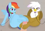 Size: 1280x890 | Tagged: explicit, artist:zoarity, derpibooru import, gilda, rainbow dash, gryphon, human, pony, collar, group sex, hind hoofjob, hoof fetish, hoofjob, human on griffon action, human on pony action, human penis, interspecies, leash, nudity, paw fetish, pawjob, paws, penis, sex, threesome, tongue out