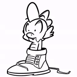 Size: 640x640 | Tagged: artist:adamclowery, characters inside shoes, derpibooru import, lineart, monochrome, safe, shoes, solo, spike