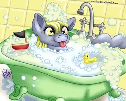 Size: 1024x819 | Tagged: safe, artist:victorydanceofficial, derpibooru import, derpy hooves, pegasus, pony, :p, bath, bathtub, bubble, bubble bath, claw foot bathtub, cute, derpabetes, female, mare, rubber duck, solo, tongue out, toy boat