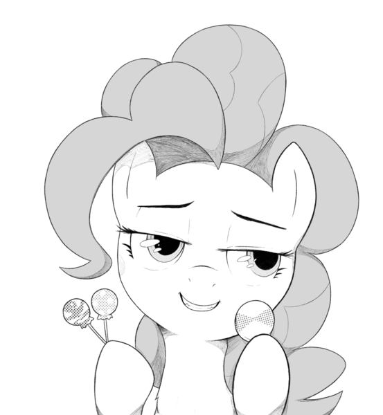 Size: 1280x1390 | Tagged: safe, artist:mostazathy, derpibooru import, pinkie pie, pony, black and white, candy, female, food, grayscale, hoof hold, lollipop, mare, monochrome, simple background, smiling, smug, solo