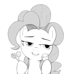Size: 1280x1390 | Tagged: safe, artist:mostazathy, derpibooru import, pinkie pie, pony, black and white, candy, female, food, grayscale, hoof hold, lollipop, mare, monochrome, simple background, smiling, smug, solo