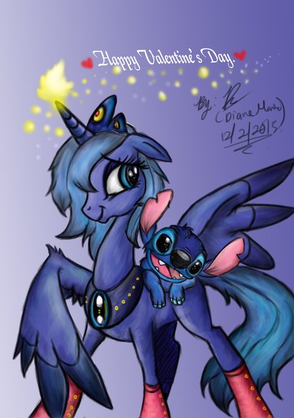 Size: 1748x2480 | Tagged: artist:goaty0000, crossover, derpibooru import, lilo and stitch, princess luna, s1 luna, safe, stitch