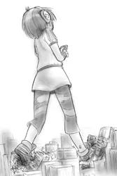 Size: 907x1360 | Tagged: safe, artist:alloyrabbit, derpibooru import, vinyl scratch, equestria girls, background human, city, clothes, crushing, destruction, fetish, giantess, humanized, macro, monochrome, rampage, shoes, sneakers, sneakers fetish, stomping