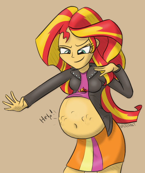 Size: 845x1011 | Tagged: questionable, artist:variant, derpibooru import, spike, sunset shimmer, equestria girls, belly, dialogue, fetish, simple background, spike the dog, spikeprey, vore, voreset shimmer