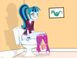 Size: 1280x960 | Tagged: suggestive, artist:mofetafrombrooklyn, derpibooru import, sonata dusk, equestria girls, but why, clothes, female, implied pooping, panties, panties pulled down, pink underwear, ponytail, potty time, sitting on toilet, solo, solo female, sonataco, straining, taco wednesday, toilet, underwear