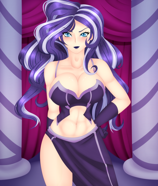 Size: 1697x2000 | Tagged: abs, artist:viracon, belly button, blushing, breasts, busty nightmare rarity, cleavage, clothes, commission, derpibooru import, evening gloves, female, human, humanized, lipstick, midriff, nightmare rarity, side slit, skirt, solo, solo female, suggestive