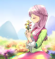 Size: 1200x1300 | Tagged: safe, artist:quizia, derpibooru import, fluttershy, equestria girls, friendship through the ages, rainbow rocks, alternate hairstyle, clothes, eyes closed, female, flower, folk fluttershy, mountain, sky, solo
