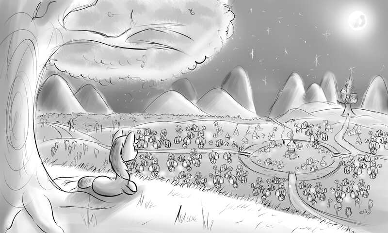 Size: 2500x1500 | Tagged: safe, artist:phuocthiencreation, derpibooru import, oc, unofficial characters only, pony, full moon, looking away, monochrome, moon, mountain, night, night sky, ponyville, scenery, side, sky, solo, starry night, tree, twilight's castle