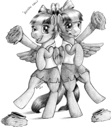 Size: 875x1000 | Tagged: safe, artist:stallionslaughter, derpibooru import, lilac sky, spring step, sunlight spring, pony, bipedal, cheerleader, dancing, female, grayscale, happy, monochrome, open mouth, pom pom, traditional art