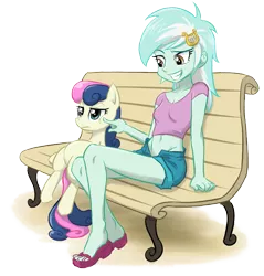 Size: 943x988 | Tagged: suggestive, artist:ta-na, derpibooru import, bon bon, lyra heartstrings, sweetie drops, earth pony, pony, equestria girls, bedroom eyes, belly button, bench, bon bon is not amused, breasts, cleavage, clothes, denim shorts, feet, female, frown, grin, happy, midriff, open fly, poking, raised eyebrow, sandals, sexy, shorts, sitting, sitting lyra, smiling, unamused, unbuttoned