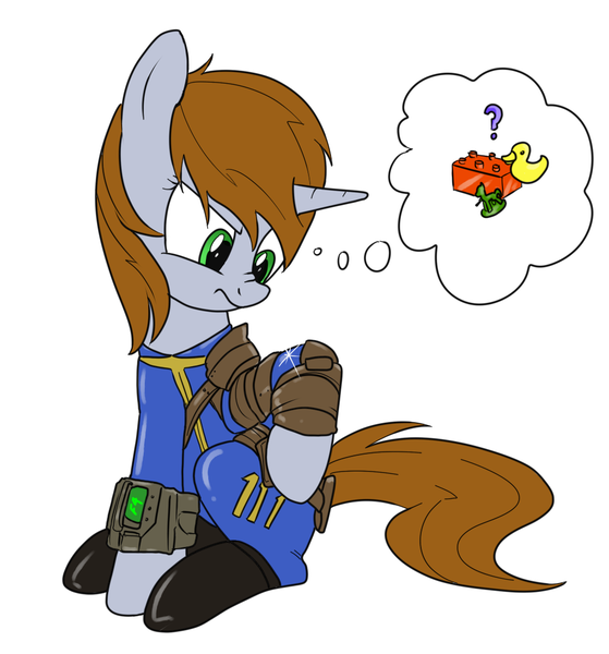 Size: 997x1071 | Tagged: safe, artist:brisineo, derpibooru import, oc, oc:littlepip, unofficial characters only, pony, unicorn, fallout equestria, fanfic, annoyed, clothes, clothes swap, fallout, fallout 4, fanfic art, female, leather, mare, pipbuck, plastic, scrunchy face, shiny, simple background, solo, vault suit, white background