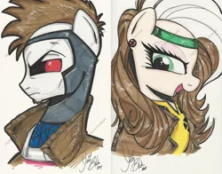 Size: 1024x802 | Tagged: safe, artist:ponygoddess, derpibooru import, wild card, ponified, earth pony, pony, anti-hero, black sclera, female, gambit, green eyes, headband, male, mare, red eyes, red pupils, rogue (x-men), serious, serious face, stallion, traditional art, x-men