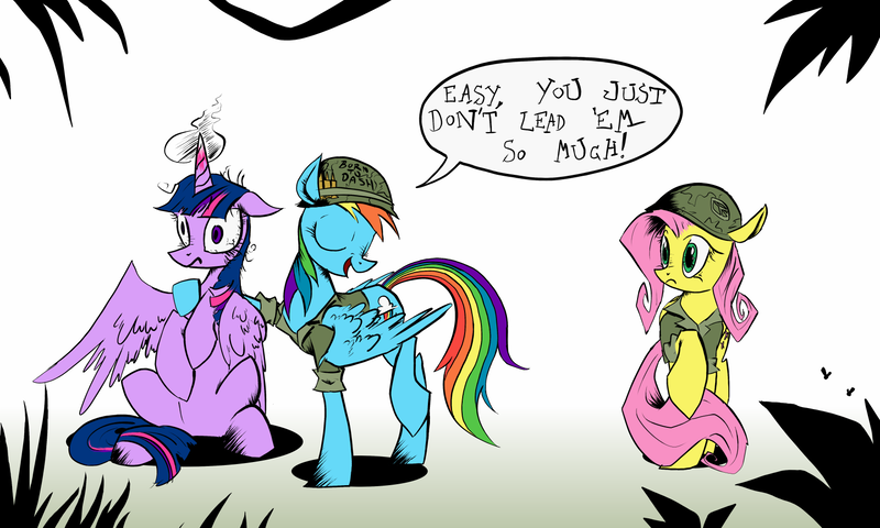 Size: 1666x1000 | Tagged: safe, artist:spromultis, derpibooru import, fluttershy, rainbow dash, twilight sparkle, twilight sparkle (alicorn), alicorn, pony, female, full metal jacket, get some, mare, military, movie quote, ptsd