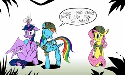 Size: 1666x1000 | Tagged: safe, artist:spromultis, derpibooru import, fluttershy, rainbow dash, twilight sparkle, twilight sparkle (alicorn), alicorn, pony, female, full metal jacket, get some, mare, military, movie quote, ptsd