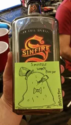 Size: 576x1024 | Tagged: safe, artist:postitpony, derpibooru import, berrytube, booze, everfree northwest, sinfire cinnamon whisky