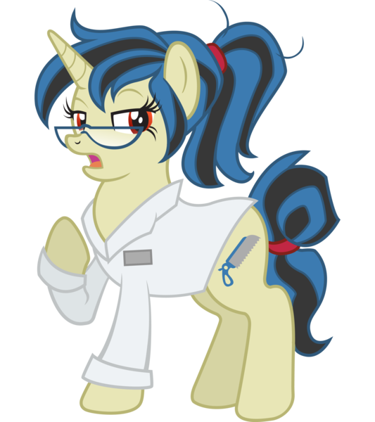 Size: 2800x3150 | Tagged: safe, artist:floots, artist:mellowhen, derpibooru import, oc, oc:sawhorse, unofficial characters only, pony, unicorn, fallout equestria, clothes, doctor, glasses, lab coat, ponytail, simple background, solo, transparent background, vector