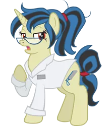 Size: 2800x3150 | Tagged: safe, artist:floots, artist:mellowhen, derpibooru import, oc, oc:sawhorse, unofficial characters only, pony, unicorn, fallout equestria, clothes, doctor, glasses, lab coat, ponytail, simple background, solo, transparent background, vector