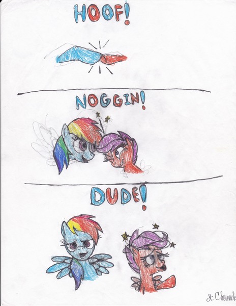 Size: 5100x6600 | Tagged: safe, artist:endlesswire94, derpibooru import, rainbow dash, scootaloo, pegasus, pony, absurd resolution, circling stars, comic, dude, female, filly, finding nemo, headbutt, hoofbump, mare, ouch, parody, traditional art