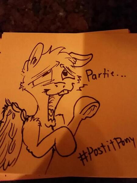 Size: 600x800 | Tagged: safe, artist:postitpony, derpibooru import, pegasus, pony, everfree northwest 2015, monochrome, party, solo, traditional art, underhoof