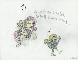 Size: 6600x5100 | Tagged: absurd resolution, artist:endlesswire94, crossover, derpibooru import, fluttershy, fraggle rock, music notes, safe, singing, the muppets, traditional art, wembley fraggle