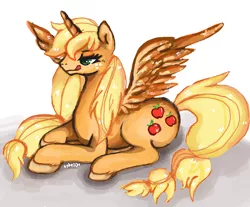 Size: 1052x871 | Tagged: artist needed, safe, derpibooru import, applejack, alicorn, pony, /mlp/, alicornified, applecorn, bedroom eyes, licking lips, race swap, shadow, sitting, smiling